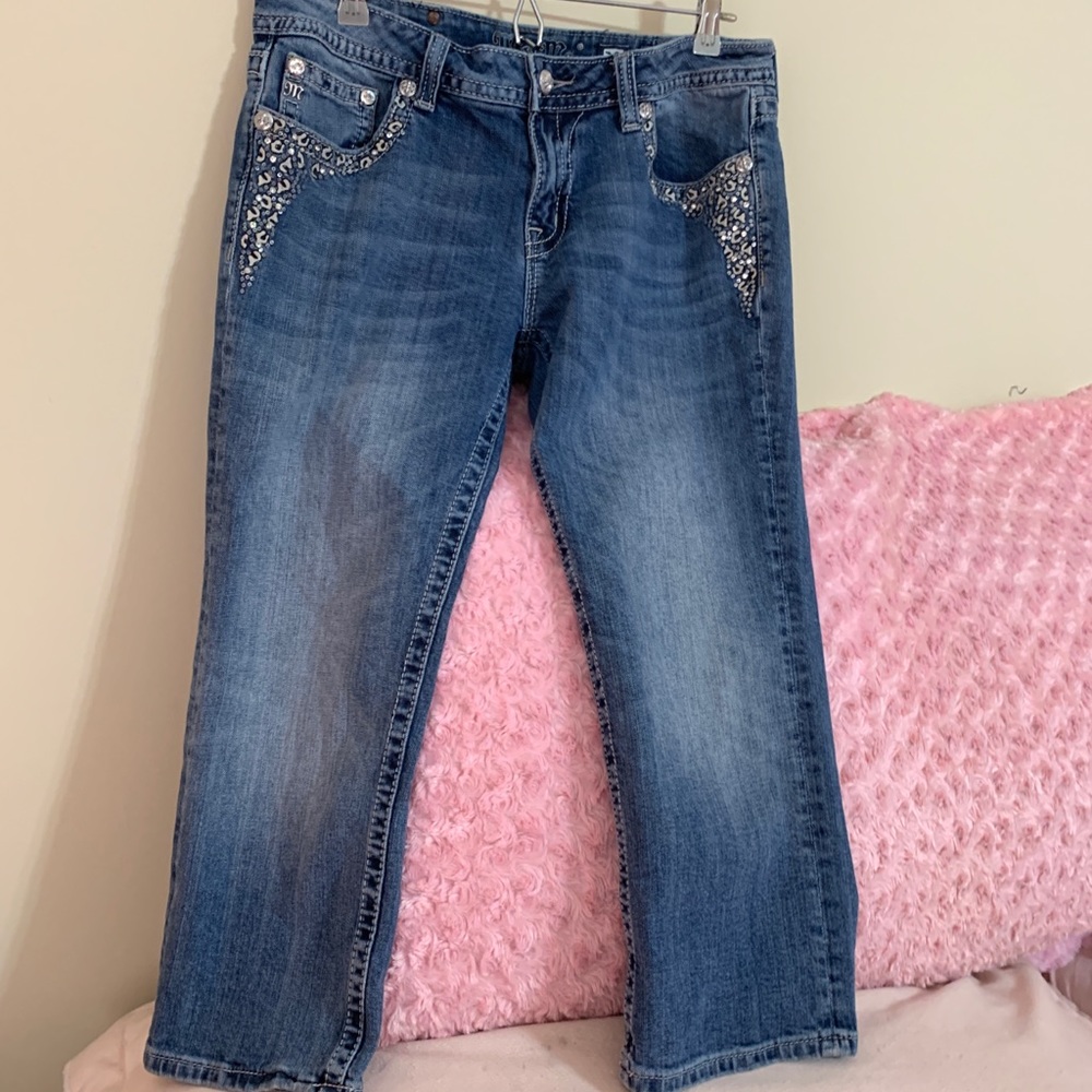 Miss Me Blue Denim Ankle Jeans with Crystal Pocket Accents